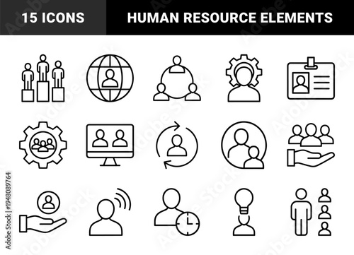 Human resources and business management icon set. Vector pictograms of networking, recruitment, leadership, identity, and teamwork, black line illustration.