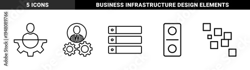 Management and data line icon set. Vector pictograms of manager, gears, administrator, server racks, distributed blocks, and status toggle, thin outline illustration.