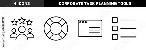 Business management and support icon set. Vector pictograms of customer service, lifebuoy help, browser window, and checklist, thin outline illustration.