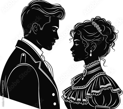 Romantic Couple Silhouette – Victorian Elegance & Military Style