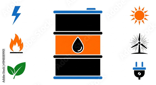 Diverse Energy Sources - Oil, Electricity, Fire, Sun, Wind, and Green Energy.