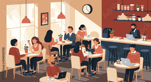 People Enjoying Coffee in Modern Cafe.