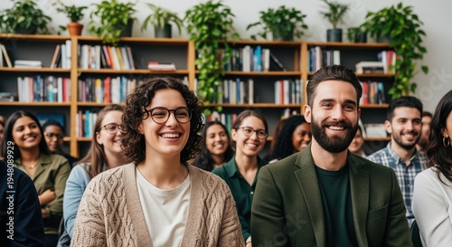 Diverse group of smiling people in a bright library with wooden shelves, books and plants. Represents teamwork, community, education, diversity and collaboration in professional settings.