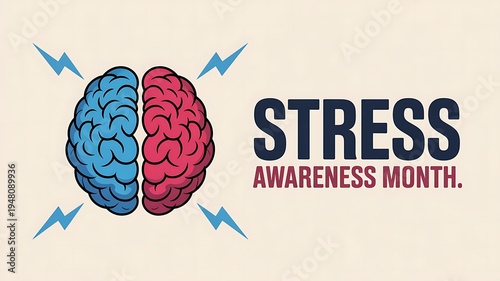 Minimalist stress awareness month advertisement featuring hand drawn style brain icon with energetic sparks and clean typography to promote emotional wellness and psychiatric care