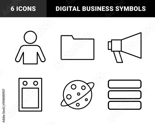 Universal business and web line icon set. Vector pictograms of megaphone, user, folder, planet, washing machine and storage, thin outline illustration.