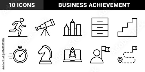 Business and achievement line icon set. Vector pictograms of skyscraper, runner, telescope, stairs, chess, stopwatch, laptop, mountain, and flag, thin outline illustration.