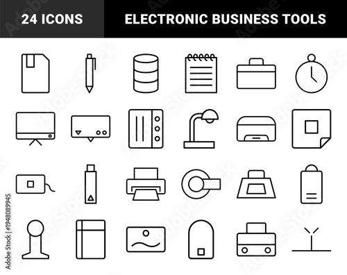 Office and technology line icon set. Vector pictograms of computer, printer, database, flash drive, stationary, and lamp, black thin outline illustration.