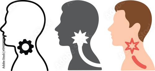 Minimalist thin line vector illustration of human profile showing throat pain area with spark symbol and anatomical neck.