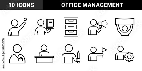 Business and office management icon set. Vector glyph pictograms of speaker, book, files, desk, worker, banner, pen, flag, gear, and badge, black silhouette illustration.