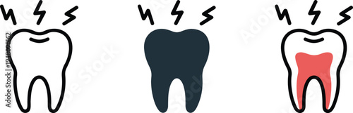 Minimalist thin line vector illustration of human tooth anatomy showing dental pain area with lightning bolt symbols.