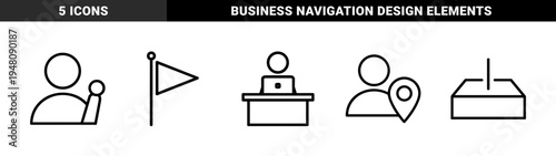 Business and navigation line icon set. Vector pictograms of speaker, flag, person at desk, user location, and ballot box, thin outline illustration.
