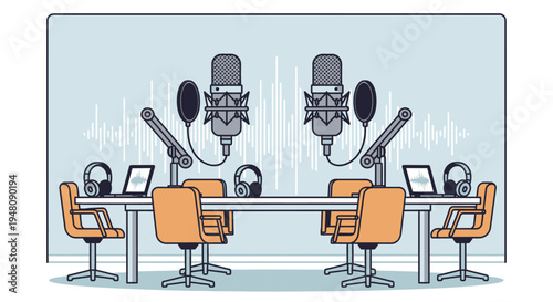 Podcast Recording Studio with Microphones and Headphones.