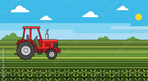 Red Tractor in Agricultural Field Setting.