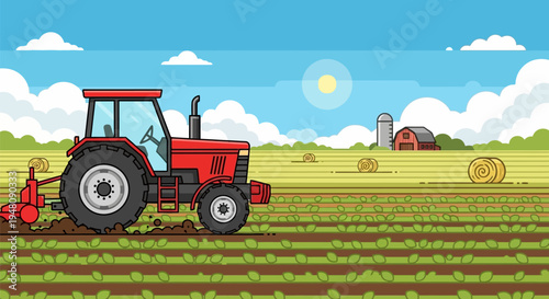 Red Tractor in Agricultural Field Setting.