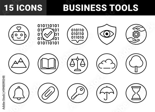 Business and office line icon set. Vector pictograms of document, chart, printer, clock, briefcase, gear, calculator, lightbulb and handshake, thin outline illustration.