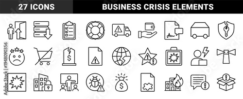 Risk management and business crisis icon set. Vector pictograms of shipping alerts, financial loss, data breach, and emergency response, thin outline illustration.