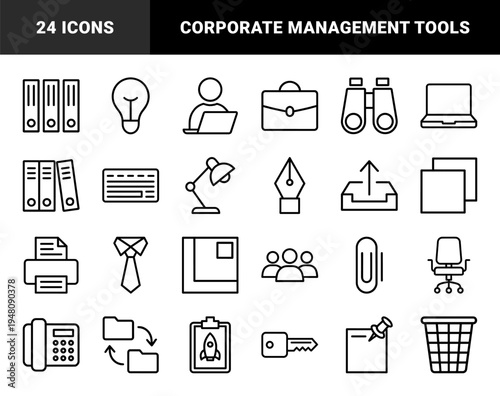 Business and office line icon set. Vector pictograms of laptop, briefcase, files, printer, tie, telephone, chair, and rocket, thin outline illustration.