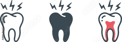 Minimalist thin line vector illustration of human tooth anatomy showing dental pain area with lightning bolt symbols.