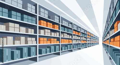 Rows of Shelves with Boxes and Containers.