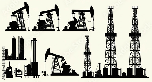 Silhouette of Oil Rigs and Pumpjacks - Energy Industry Icons.