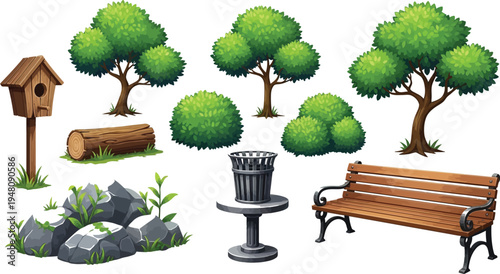 Collection of stylized park elements for game design