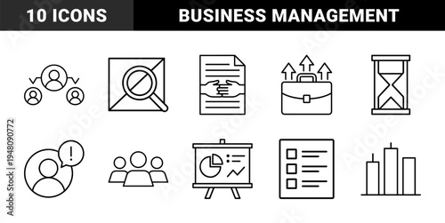 Business and management line icon set. Vector pictograms of teamwork, agreement, briefcase, magnifying glass, alert, presentation, hourglass, and checklist illustration.
