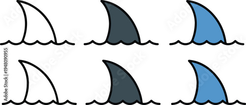 Shark fin vector icon set with minimalist line art style showing ocean waves in outline and blue colors.