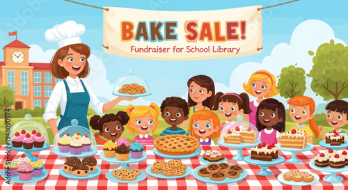 Happy Kids and Baker at School Bake Sale Fundraiser for Library