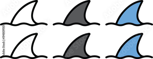 Shark fin vector icon set with minimalist line art style showing ocean waves in outline and blue colors.