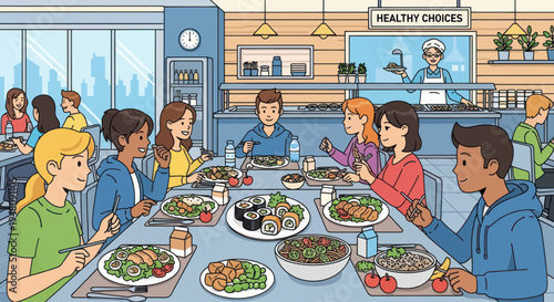 Diverse students enjoying healthy lunch at school cafeteria, healthy choices