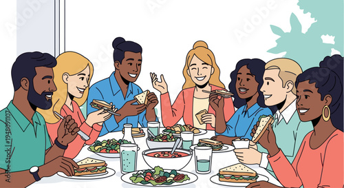 Diverse group of friends enjoying a meal together at a table, sharing food and conversation.