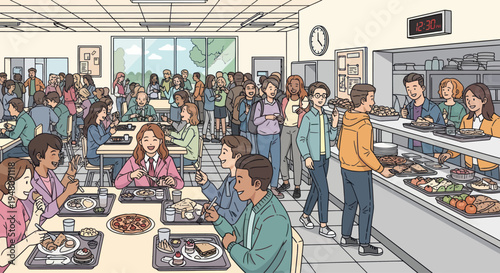 Diverse students eating lunch in a busy school cafeteria, serving line with food.