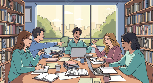 Diverse students collaborating on a group project in a library study room with large windows