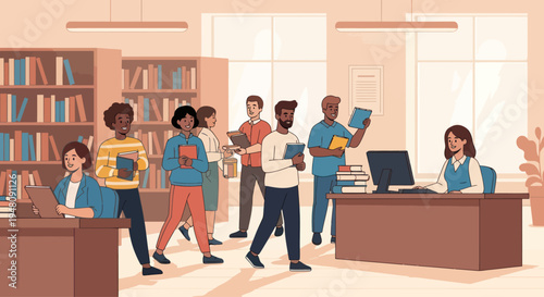 Diverse group of people in a library, reading, studying, and browsing books.