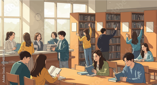 Students Studying Together in a Bright Library with Bookshelves and Sunlight