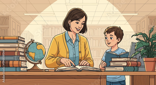 Teacher helping student read a book in library, education, learning, knowledge