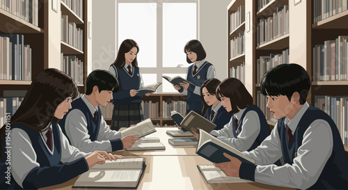 Students in school uniforms studying in a library with bookshelves