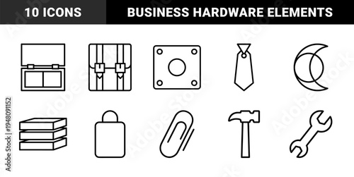 Business and hardware line icon set. Vector pictograms of briefcase, tie, box, speaker, bag, folders, paperclip, moon, wrench, and hammer, thin outline illustration.