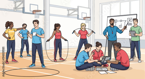 Diverse group of people in gym class learning about sports strategy and fitness
