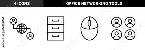 Business and technology line icon set featuring vector pictograms of a filing cabinet, global network, user group, and computer mouse, thin outline illustration.