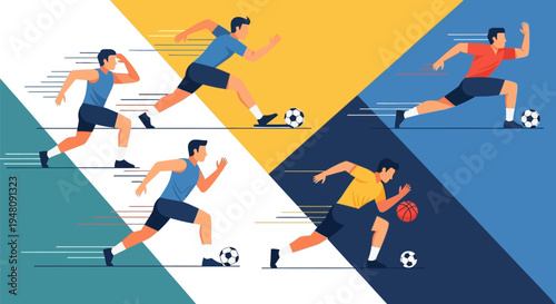 Soccer Players Running with Ball in Action.