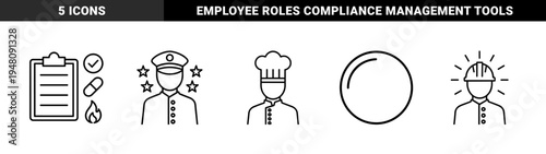 Professional services and safety line icon set. Vector pictograms of chef, pilot, inspector, clipboard, medication, fire, and construction worker, thin outline illustration.