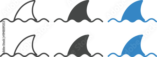 Shark fin vector icon set with minimalist line art style showing ocean waves in outline and blue colors.