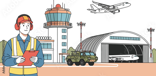 Airport ground crew near control tower operations