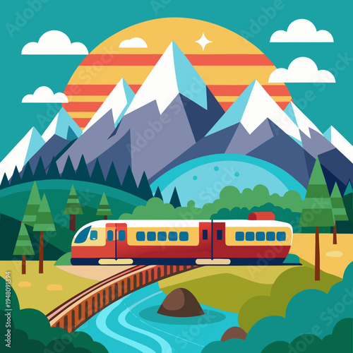 A scenic train traveling through majestic mountains