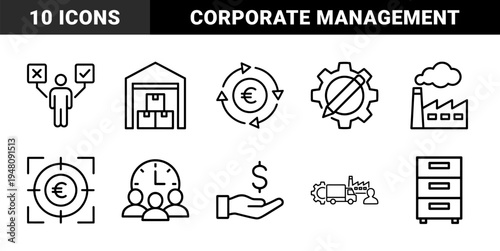 Business and industrial management icon set. Vector pictograms of warehouse, factory, currency exchange, target, gear, and filing cabinet, thin outline illustration.