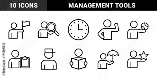 Business management icon set. Vector glyph pictograms of leader, clock, magnifying glass, clipboard, book, athlete, blueprint, star, and umbrella, black silhouette illustration.