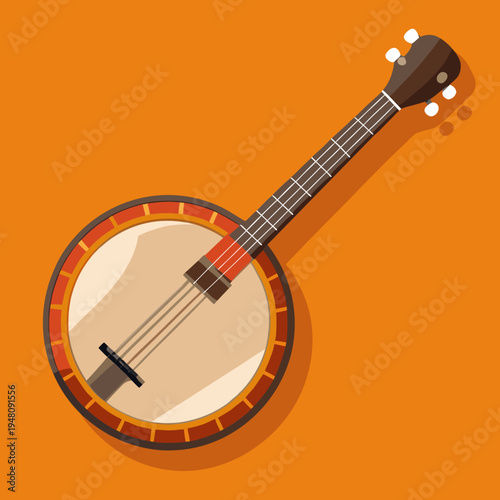 Acoustic Banjo Instrument on Orange Background