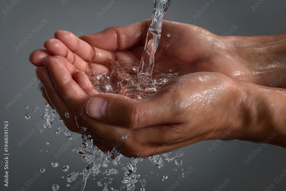 Fototapeta premium Close-up of human hands cupped together, holding flowing water. Realistic skin texture and dynamic water splashes against a neutral gray background. Concept: purity, life, refreshment, or hygiene.