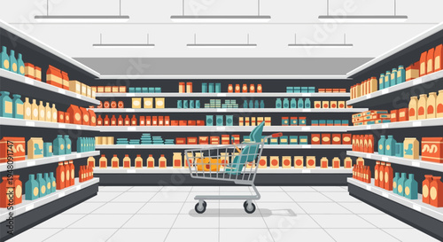 Supermarket Aisle with Shopping Cart and Products.